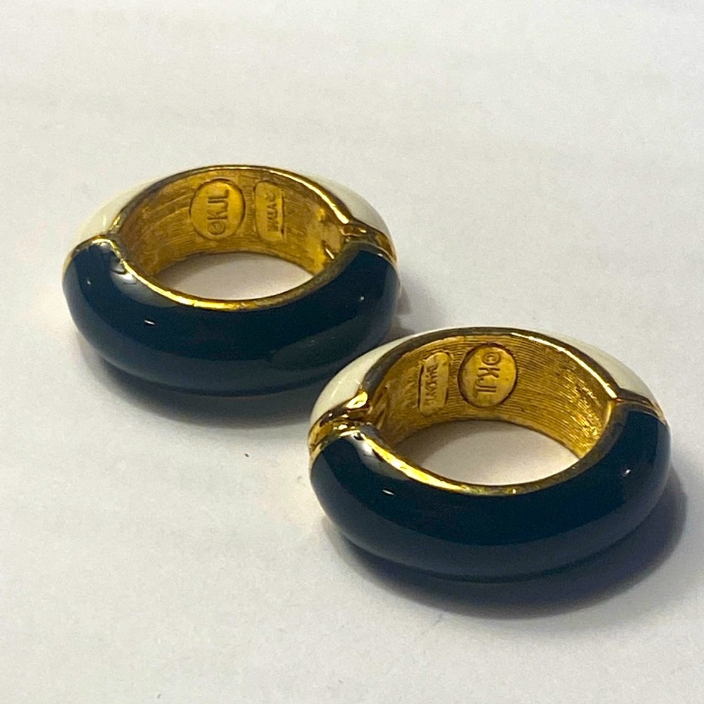 Kenneth Jay Lane huggy, black and white reversible enamel stamped earrings